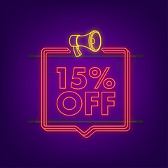 15 percent OFF Sale Discount neon banner with megaphone. Discount offer price tag. 15 percent discount promotion flat icon with long shadow. Vector illustration