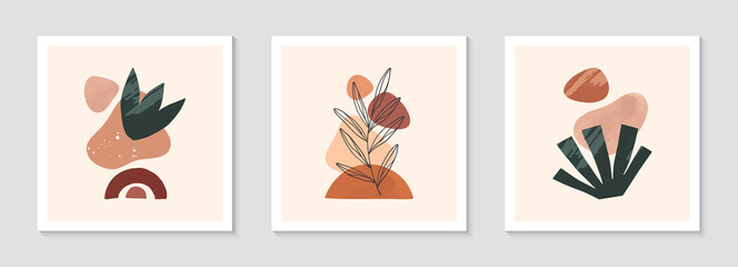 Set of modern abstract vector illustrations with organic various shapes and foliage line art.Boho watercolor wall art decor.Trendy artistic designs perfect for banners;social media,invitations,covers.