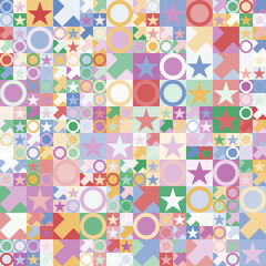 Patrón geométrico de flechas, círculos y estrellas en colores pastel