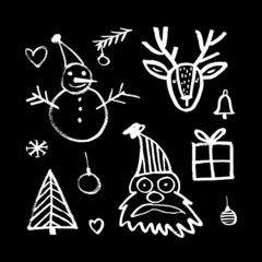 Vector set of images of Santa Claus, deer, snowman, fir branches, gift, Christmas tree decorations. Hand drawing, ink style. Sketch, doodle. Christmas, New Year. Winter. White on black background