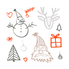 Vector set of images of Santa Claus, deer, snowman, fir branches, gift, Christmas tree decorations. Hand drawing, ink style. Sketch, doodle. Christmas, New Year. Winter. Gray, beige, red