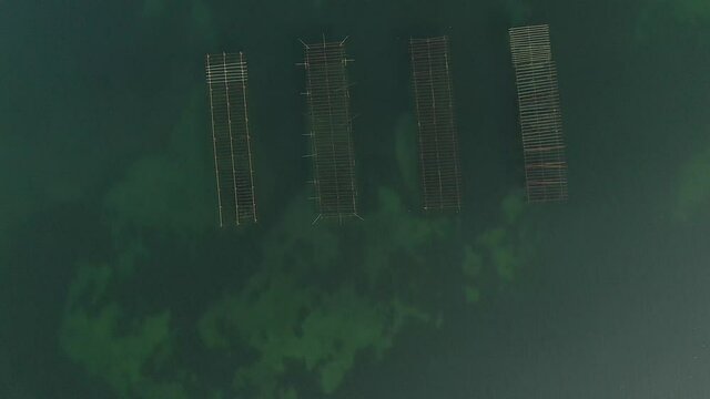 Top view aerial shooting of seafood oyster farms near Sete on lake Etang de Thau