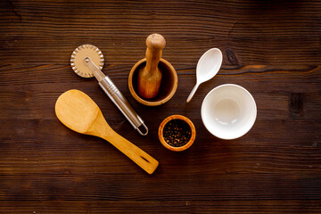 Kitchenware cooking tools and utensils. Cooking background, flat lay