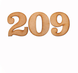 Number 209 in wood, isolated on white background
