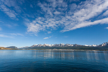 Ushuaia cityscape from Beagle channel, Argentina landscape