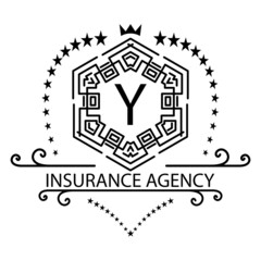 Sample logo design on example of insurance agency. Ornate Male Monogram for whiskey, watches and jewelry, VIP Fashion and Premium brand identity. Graphic template.