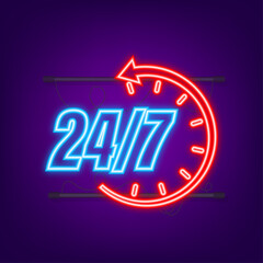 24-7 service concept. 24-7 open. Neon icon. Support service icon. Vector stock illustration