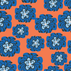 Orange with whimsical blue abstract flowers with light blue centres and long stamens seamless pattern background design.