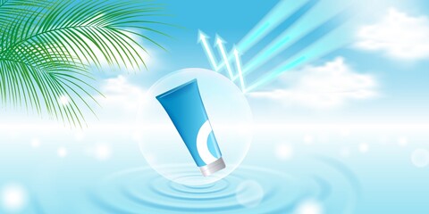Beauty cosmetic product display banner template with blue cloud sky background, water ripple, palm leaf, bubble shield and arrow for branding and marketing