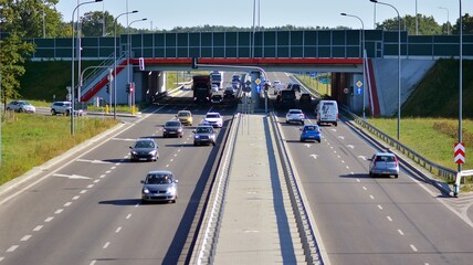 View on a concrete highway. Modern highway safety markings on concrete.