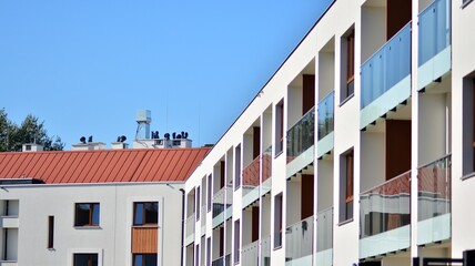 Modern and new apartment building. Multistoried modern, new and stylish living block of flats.