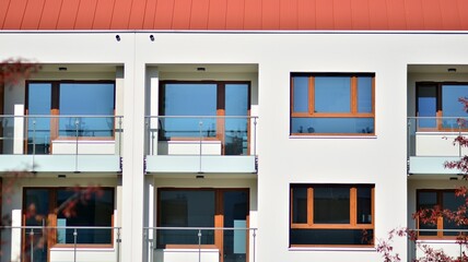 Modern and new apartment building. Multistoried modern, new and stylish living block of flats.