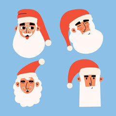 Set of different funny faces of santa claus. Collection of cute characters. Vector illustration in flat style