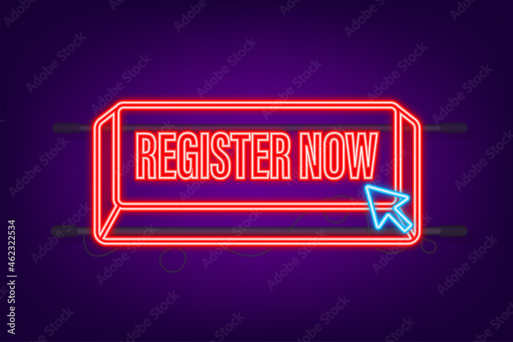 Poster register now with cursor button. internet neon icon. pointer click icon. vector stock illustration