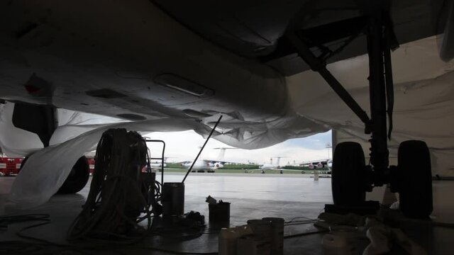 preparation of aircraft for painting in the hangar