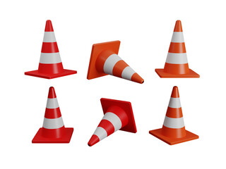 3D illustration of traffic cones and obstacles during road repairs Construction work on white...