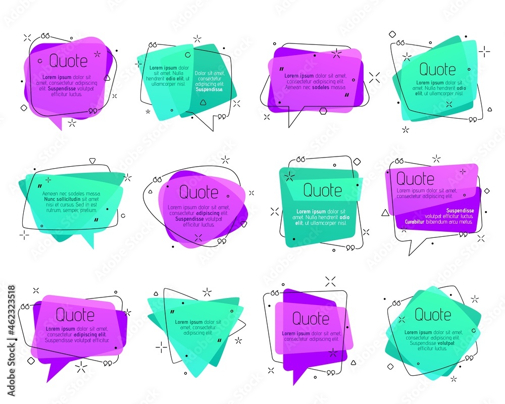 Leinwandbilder Quote frames, vector speech bubbles and comment text boxes, dialog, talk and note textboxes with quotation marks. Isolated colorful dialogue balloon templates of memo note, info box and chat message