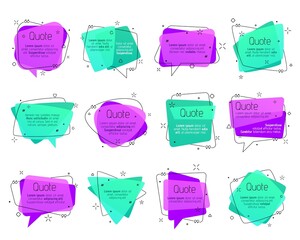 Quote frames, vector speech bubbles and comment text boxes, dialog, talk and note textboxes with quotation marks. Isolated colorful dialogue balloon templates of memo note, info box and chat message