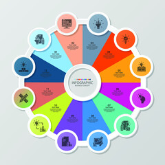 Fototapeta premium Basic circle infographic template with 12 steps, process or options, process chart, Used for process diagram, presentations, workflow layout, flow chart, infograph. Vector eps10 illustration.