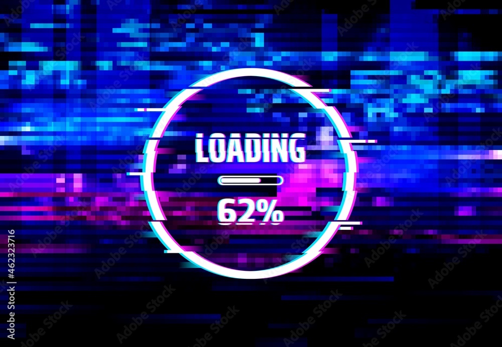 Leinwandbilder Loading error screen of data glitch effect vector background with loading progress bar and color pixel noise pattern. Digital distortion of computer monitor, internet connection loss and traffic fail