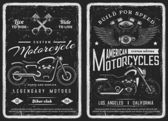 Fototapeta premium Bike and custom motorcycle vintage posters. American motorcycles mechanic service, repair station or biker club workshop grunge banners. Vector classic chopper bikes, engine blocks and pistons
