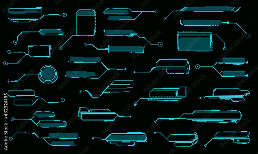 Poster HUD callout titles, information call box bars and digital info boxes. Futuristic vector frames, data visualization and info bars or glowing blue neon light frames, GUI interface design elements set