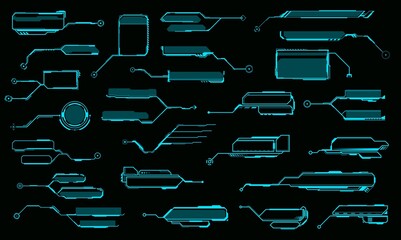 HUD callout titles, information call box bars and digital info boxes. Futuristic vector frames, data visualization and info bars or glowing blue neon light frames, GUI interface design elements set