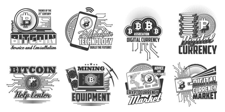 Bitcoin cryptocurrency blockchain technology icons. Laptop computer, cellphone and graphics card, bitcoin coins, bank card and wallet engraved vector. Digital currency market, mining equipment emblem