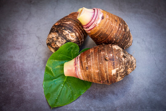 Taro root on taro leaf and dark background, Fresh raw organic taro root ready to cook