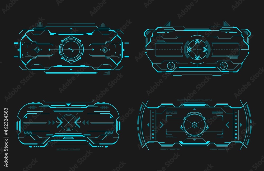 Poster HUD aim control frame interface, futuristic target screen dashboard panel, vector. HUD target controls and aim radars or crosshair on digital screen, game UI and spaceship dashboard