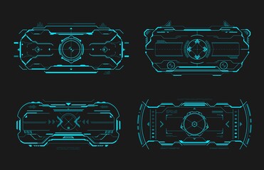 HUD aim control frame interface, futuristic target screen dashboard panel, vector. HUD target controls and aim radars or crosshair on digital screen, game UI and spaceship dashboard © Vector Tradition