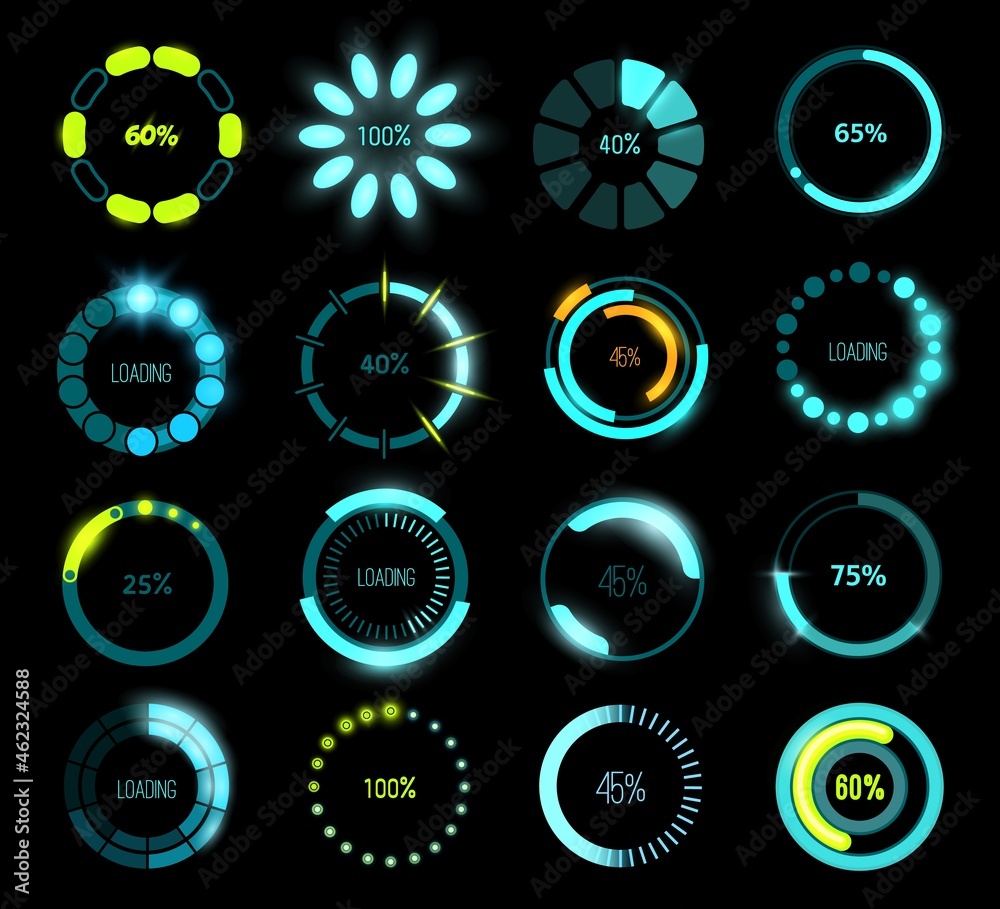 Leinwandbilder HUD futuristic loading bars, game or program UI interface. Vector circular progress bars with glowing loading scales and percentage indicators, future loading technology bars of head up display
