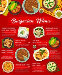 Bulgarian cuisine restaurant dishes menu. Bob Chobra and yogurt cucumber cold Tarator soup, cheese pastry Banitsa, bryndza bread Tutmanik and fish Plakia, Kufteta meatballs, salad Shopska vector