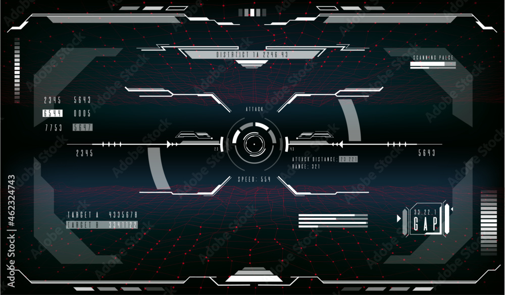 Leinwandbilder Target aim control HUD futuristic display monitor screen interface. Future spaceship or Sci-Fi military plane pilot rectangular dashboard, vector screen panel and game UI with gauges and aim circle