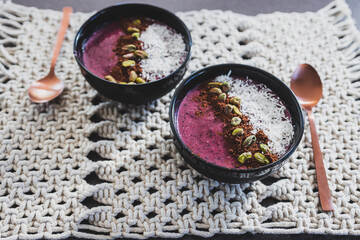 vegan acai pistachio coconut smoothie bowl, healthy plant-based food