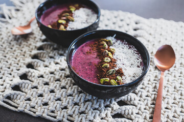 vegan acai pistachio coconut smoothie bowl, healthy plant-based food