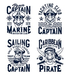 Obraz premium Captain and pirate t-shirt print template. Smiling captain or sailor character in fourage with anchor, pirate face with crossed sabres vector. Yachting and marine sailing club emblem, apparel print