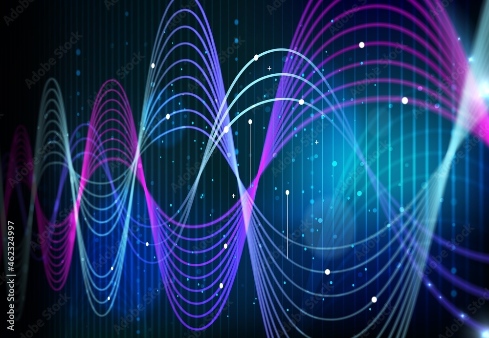 Aufkleber Big data analytics technology, digital data waves on monitor screen vector background. Artificial intelligence science and digital network information abstract infographics curves