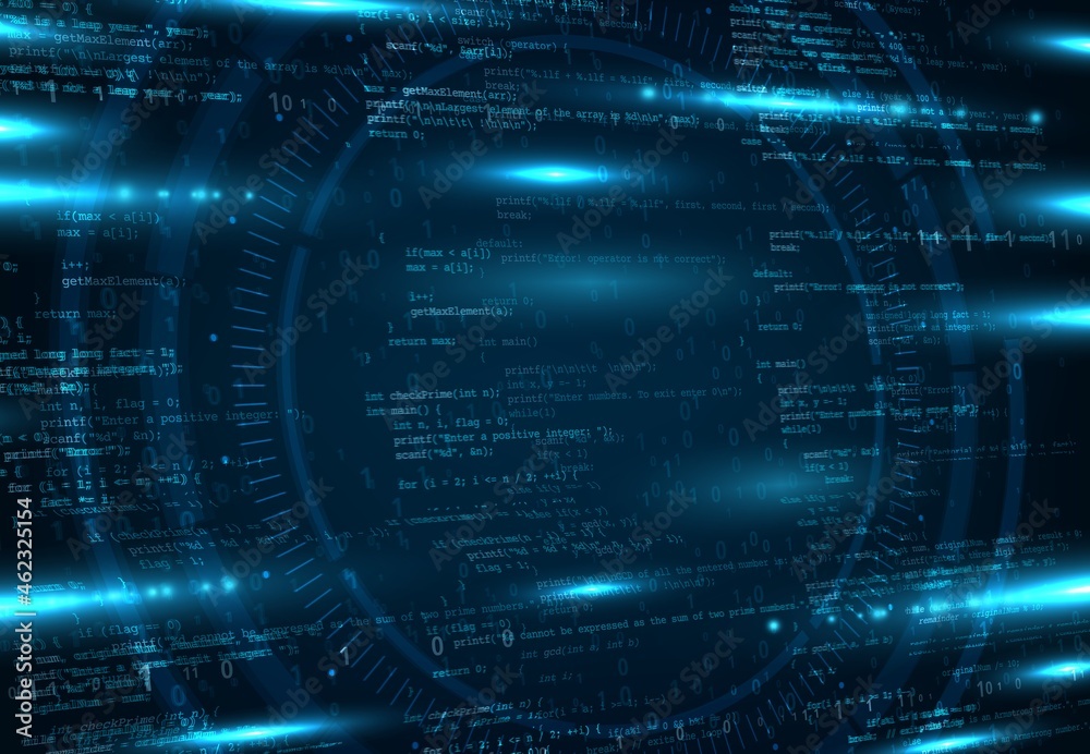 Leinwandbilder Cloud network, information storage or coding vector background. Computer science, virtual reality and software development backdrop with app, program and binary code lines, neon blue light flares