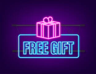 Business template with red free gift for banner design. Neon icon. Vector business template. Present gift box icon
