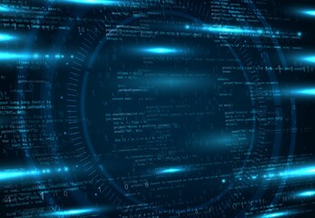 Naklejka premium Cloud network, information storage or coding vector background. Computer science, virtual reality and software development backdrop with app, program and binary code lines, neon blue light flares