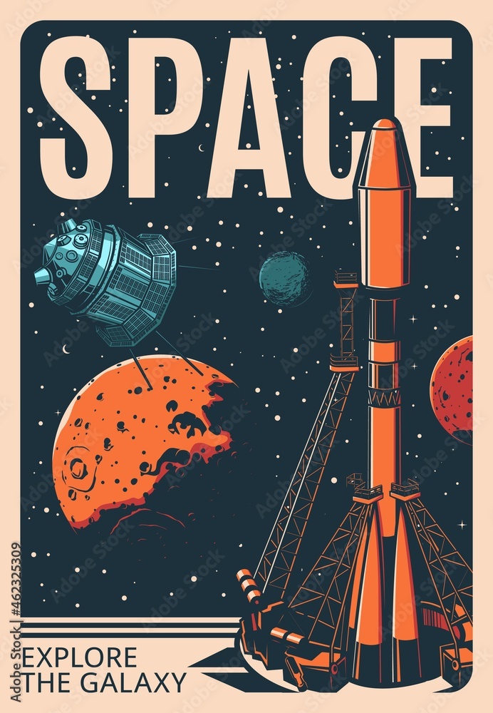 Poster spaceship at the launch pad. retro poster with vector rocket carrier, space shuttle and satellite, e