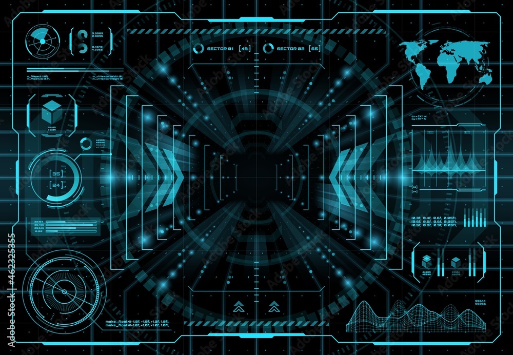 Poster HUD teleportation portal interface, futuristic innovation teleport technology vector interface screen with visual data graph, diagram and world map, space or army future technology, game UI dashboard