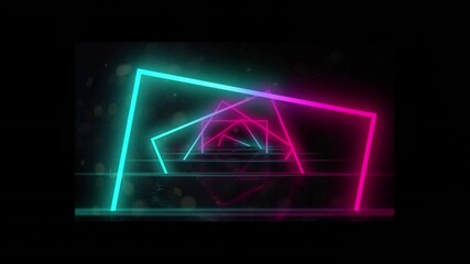 Animation of rotating neon squares and explosions on black background