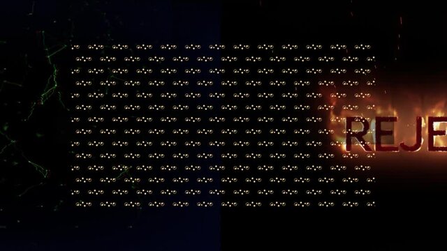 Animation of moving dots and burning letters on black background