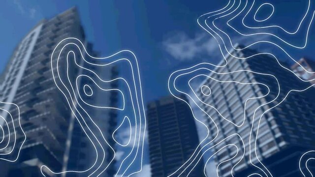 Animation of isohypses moving over business buildings