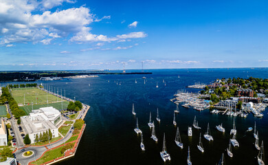Aerial drone of Severn River, Annapolis, Maryland with sailboats and yacht  