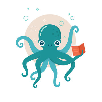 Cartoon vector cute octopus with book. Illustration reading library reader