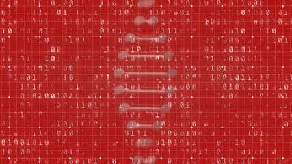 Animation of binary coding and dna strand on red background - Powered by Adobe