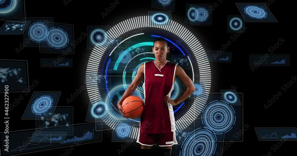 Canvas Prints Animation of african american female basketball player over scope scanning on black background